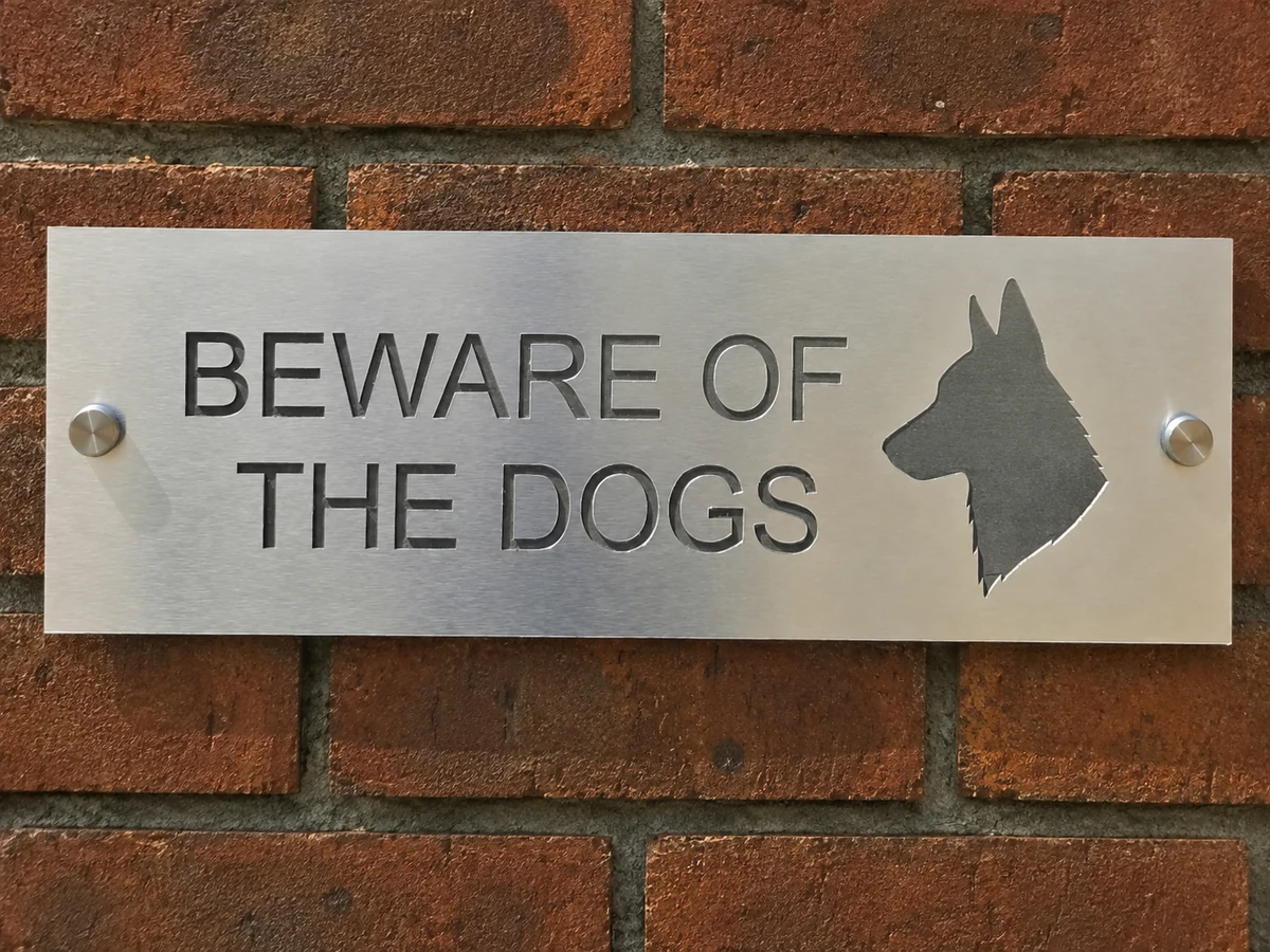 Brushed aluminium Beware of Dogs sign made by H&S Signs